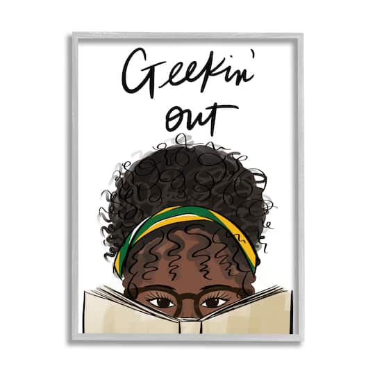 Stupell Industries Geekin' Out Phrase Woman Reading Book in Gray Frame Wall Art